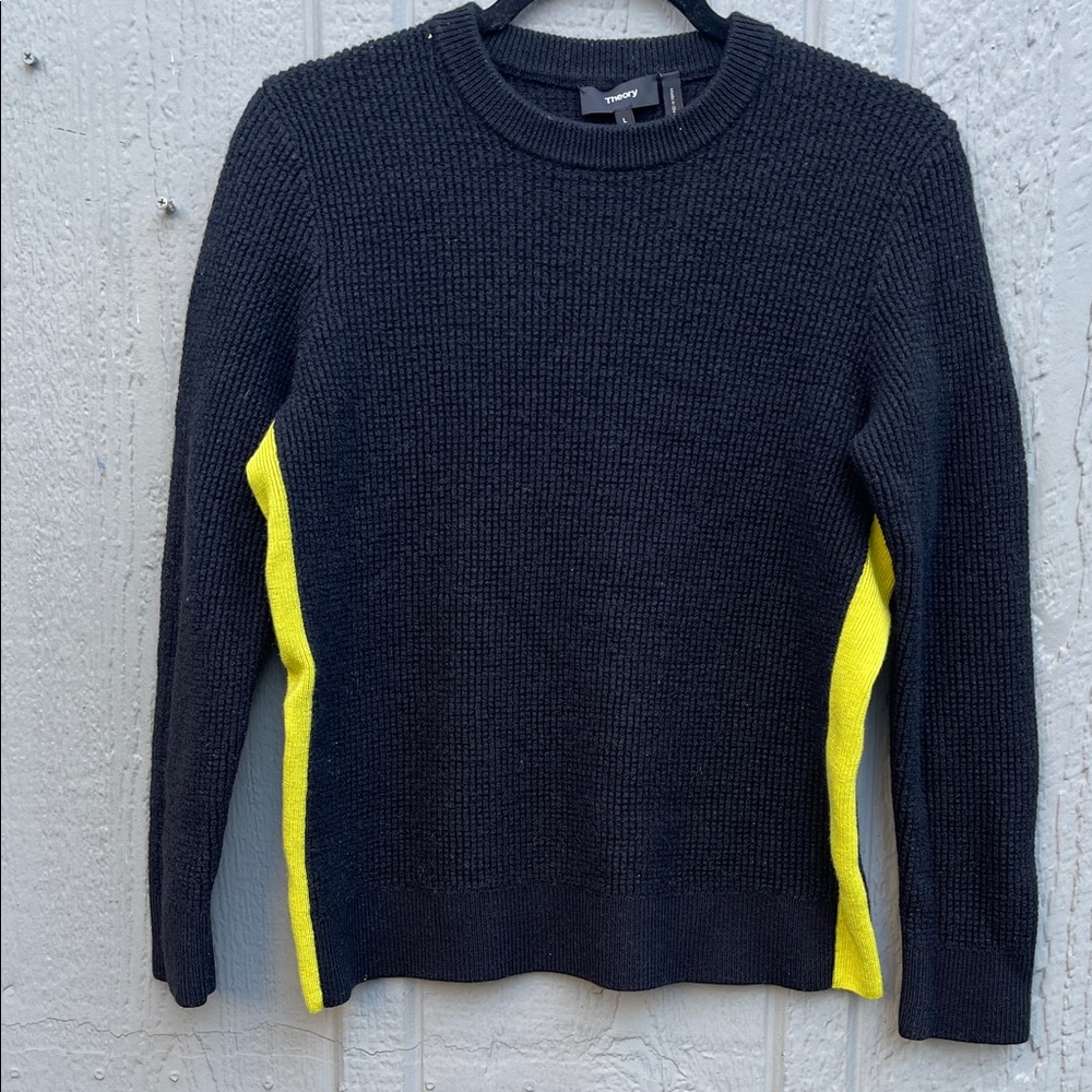 Theory Black and Yellow 100% Merino Wool Crewneck Sweater Size: L